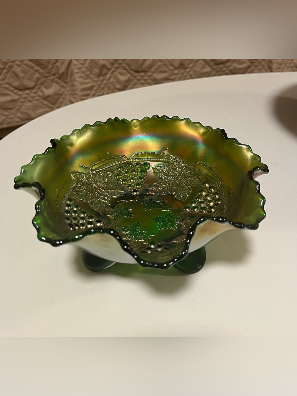 Green grape Carnival glass footed bowl